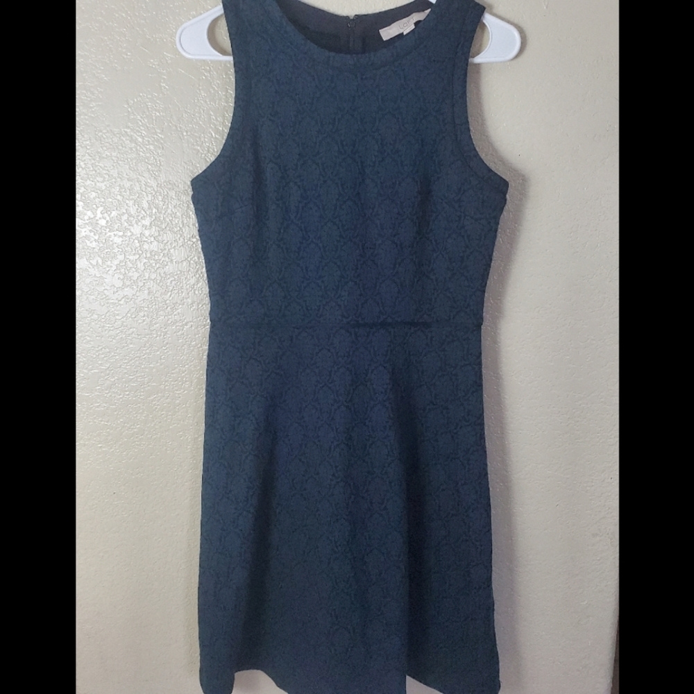 LOFT Blue Knit Sleeveless Embroidered Flare Dress
